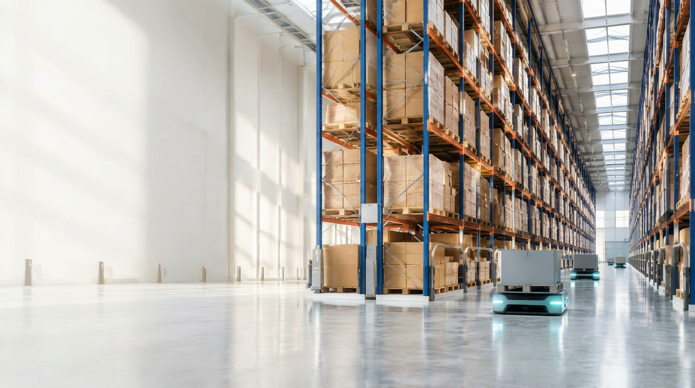 Automated robots moving orders through a modern organized warehouse